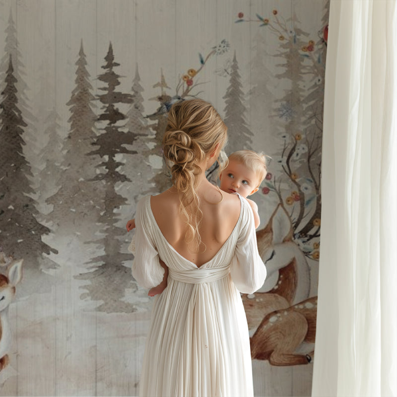 Forest mural with deer in a modern kids bedroom with wooden accents