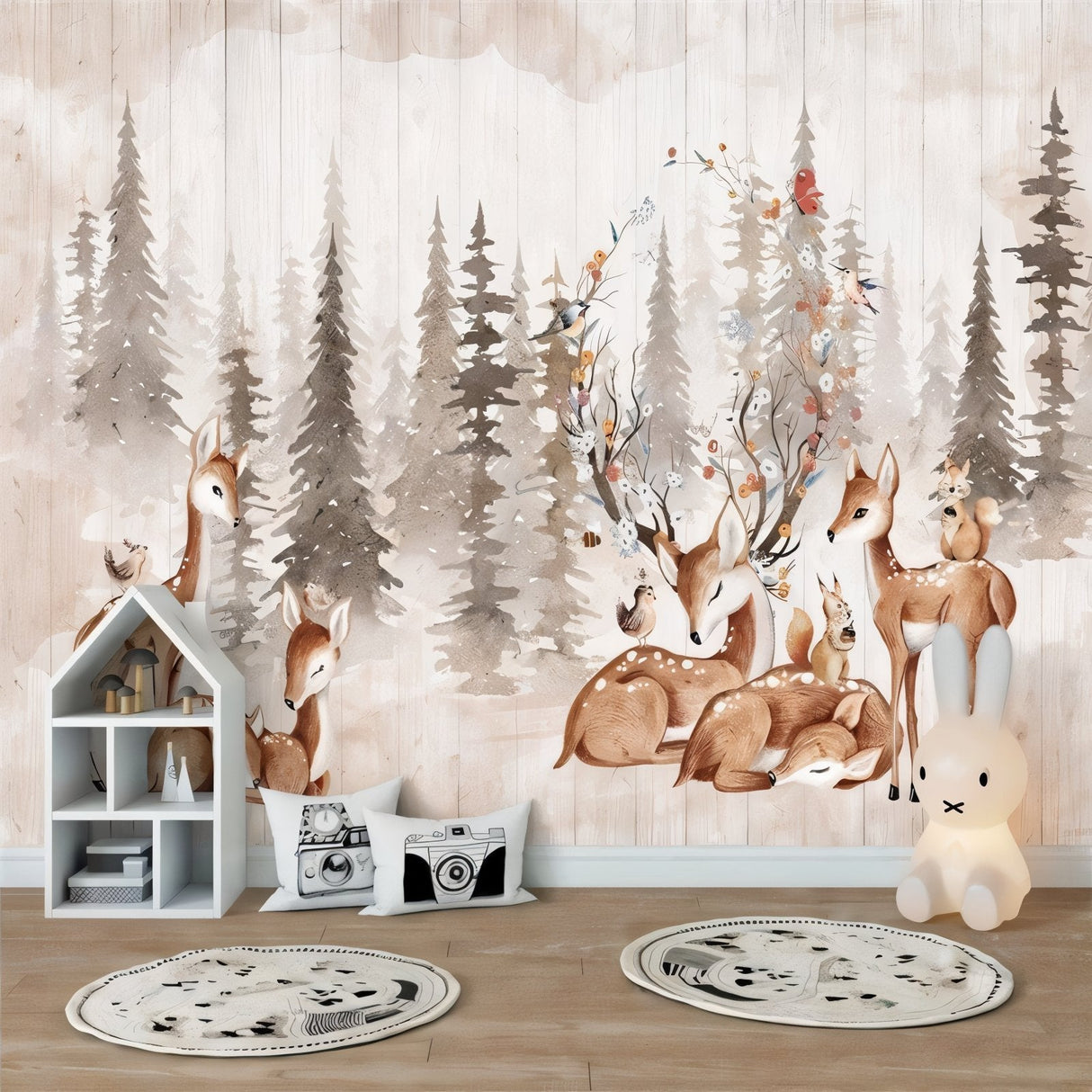 Enchanted forest wallpaper bringing nature into a peaceful playroom