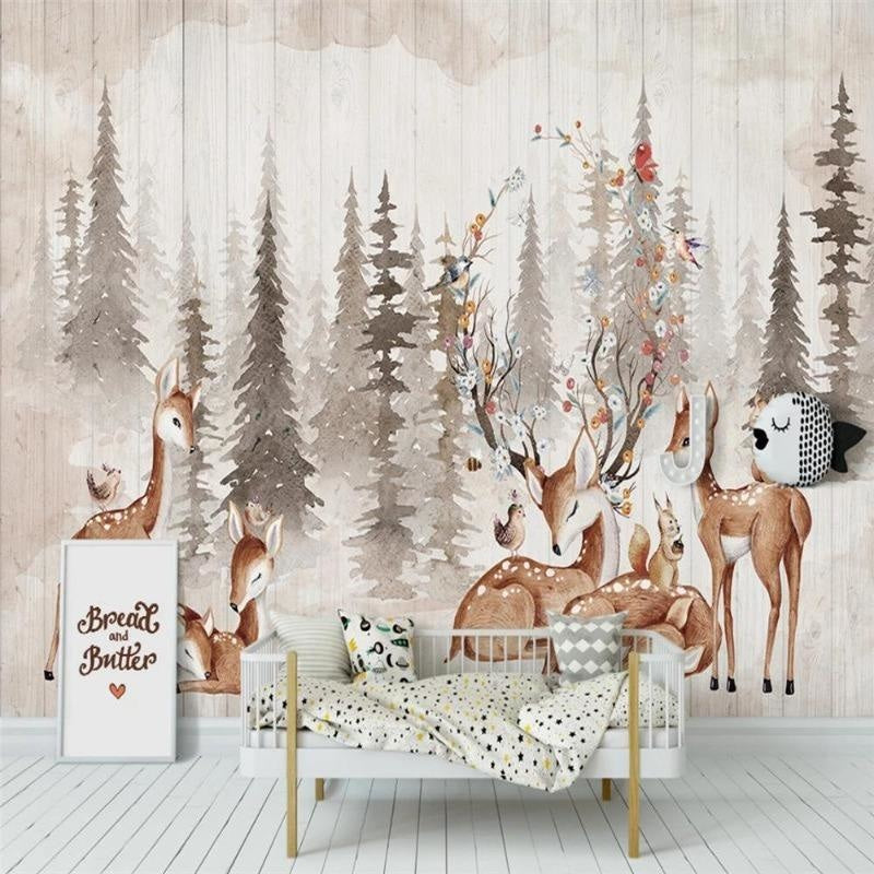 Woodland creatures mural in a minimalist children's room setup