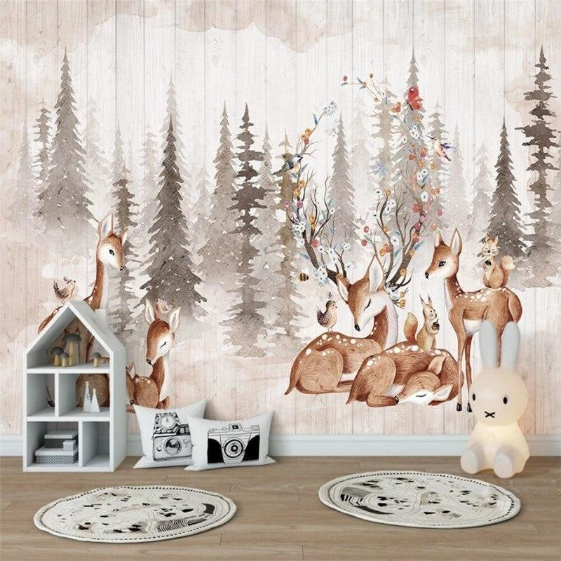 Forest animal wallpaper creating a calm atmosphere in a baby's room