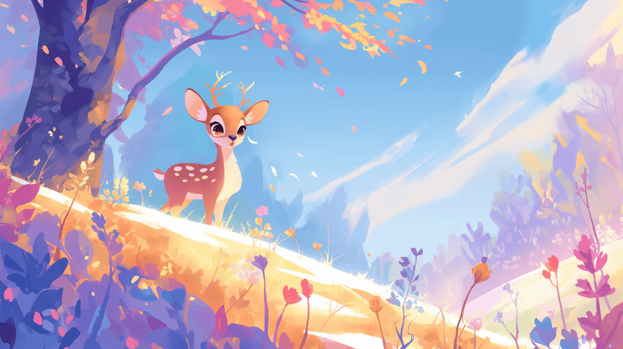 Forest Animals Wallpaper showcased in a cozy nursery setting, featuring a gentle deer amid autumn colors