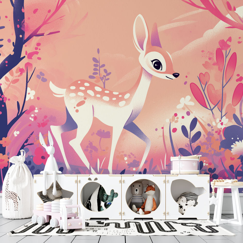 Pink Forest Animals Wallpaper showcased in a bright nursery, featuring enchanted deer and dreamy florals
