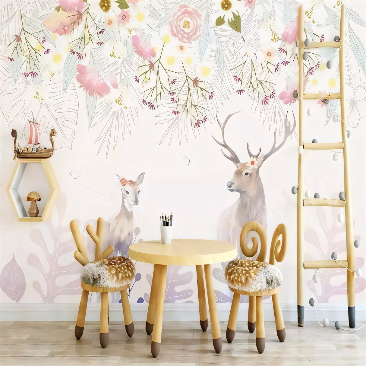 Forest animals wallpaper in a bright nursery with white furniture, showing deer and pink florals creating a peaceful atmosphere