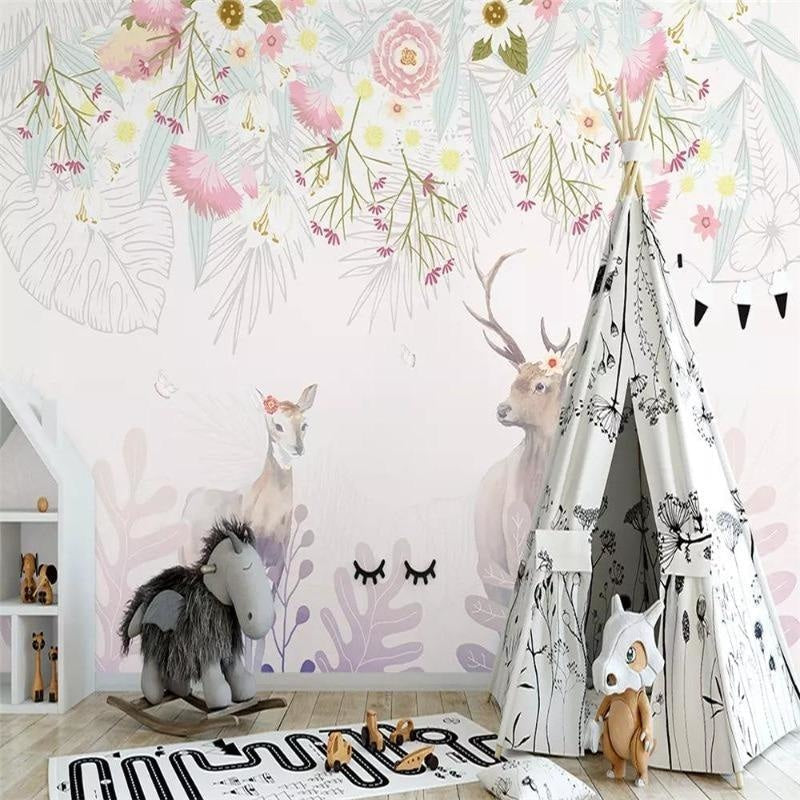 Woodland animals mural installed in a reading nook with soft cushions and fairy lights