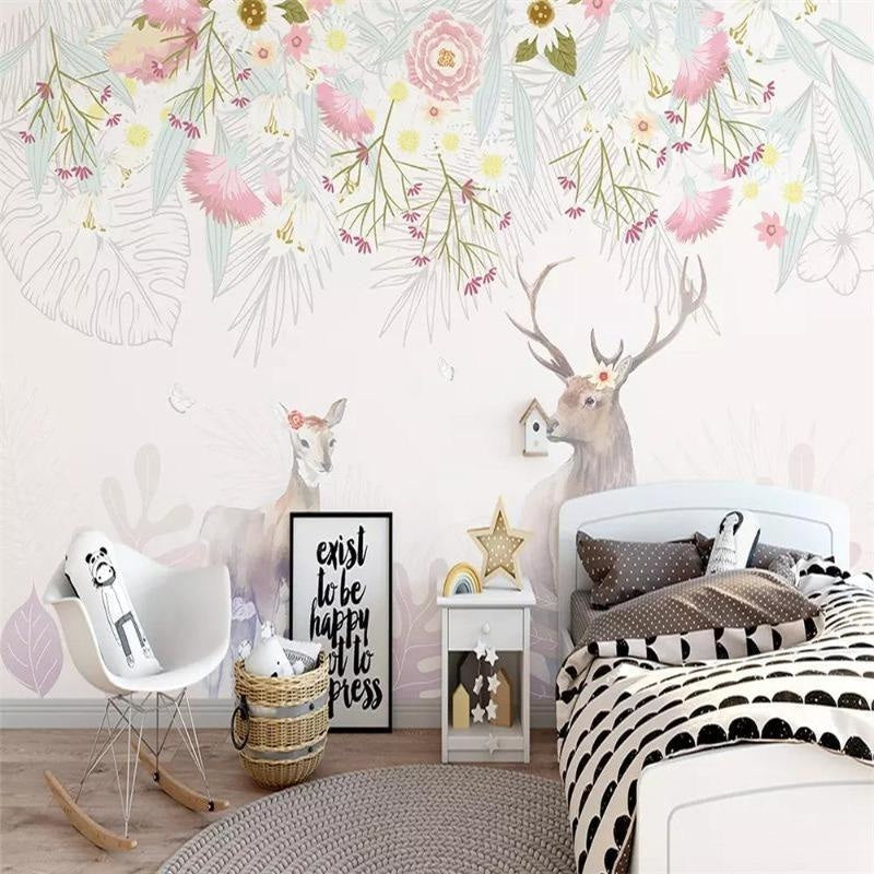 Forest deer wallpaper creating a magical atmosphere in a modern playroom