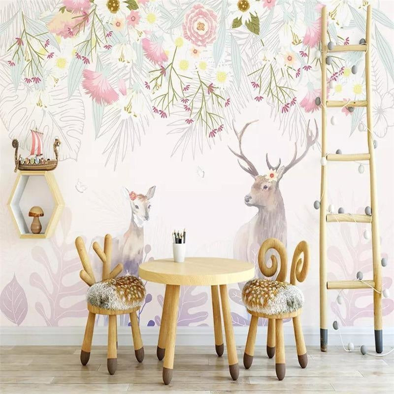 Pink floral deer mural displayed in a minimalist children's bedroom