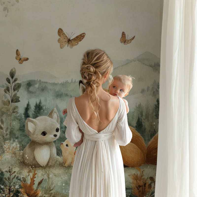 Forest animals wallpaper creating a cozy atmosphere in a modern nursery with soft lighting