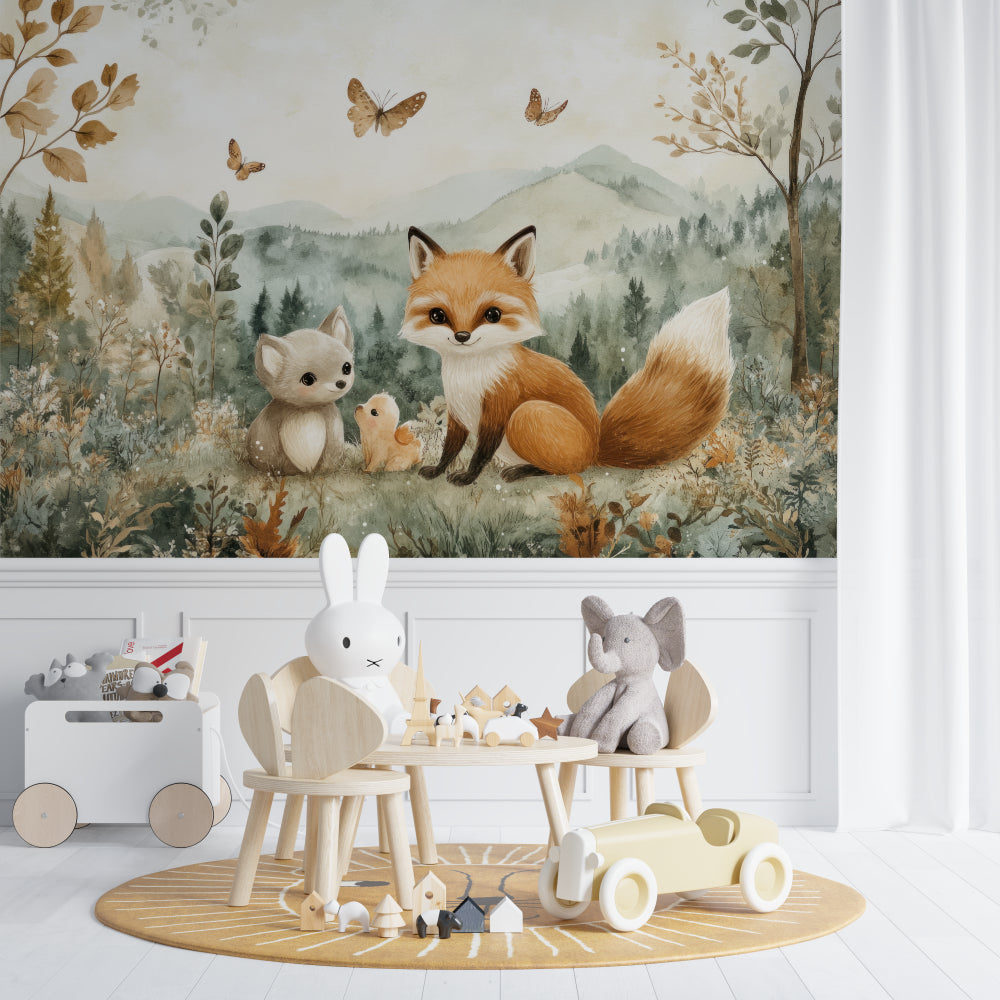 Woodland fox mural wallpaper featured in a child's reading nook with natural decor