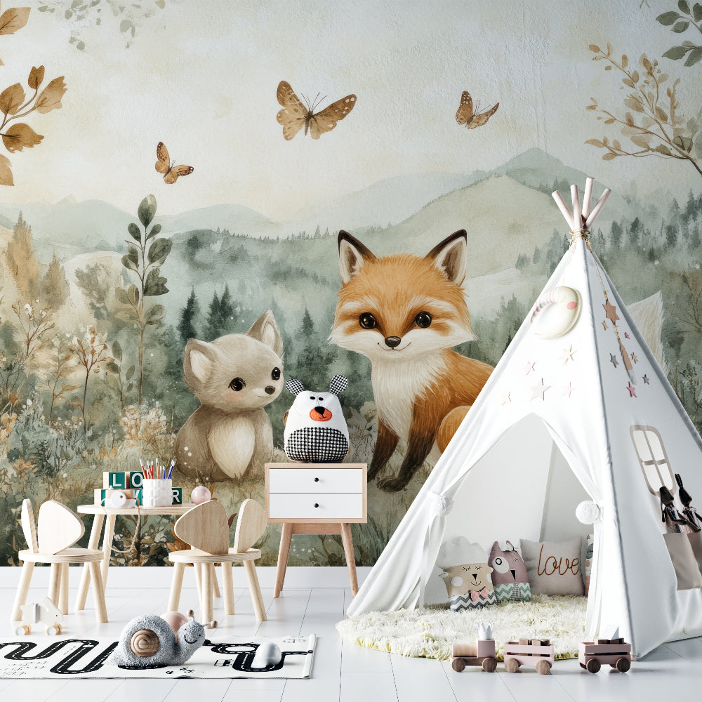 Fox and butterfly wallpaper transforming a playroom with magical forest vibes
