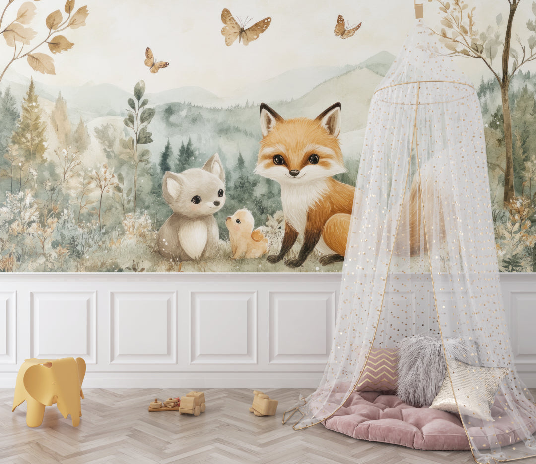 Forest animal mural creating a dreamy atmosphere in a toddler's bedroom