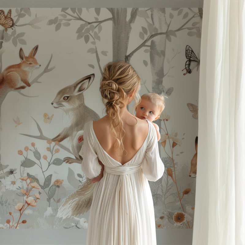 Forest animals wallpaper creating cozy atmosphere in modern nursery with white furniture and natural light