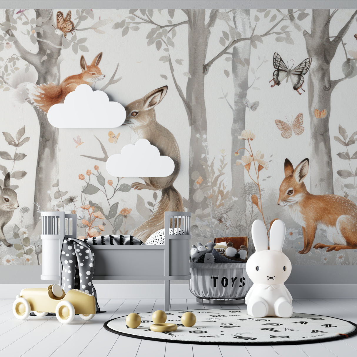 Woodland fox wallpaper mural in kids reading nook with comfy chair and soft lighting