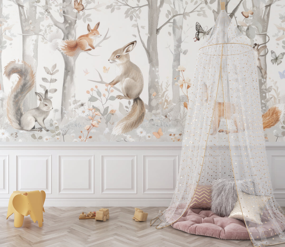 Enchanted forest wallpaper transforming playroom with natural decor elements