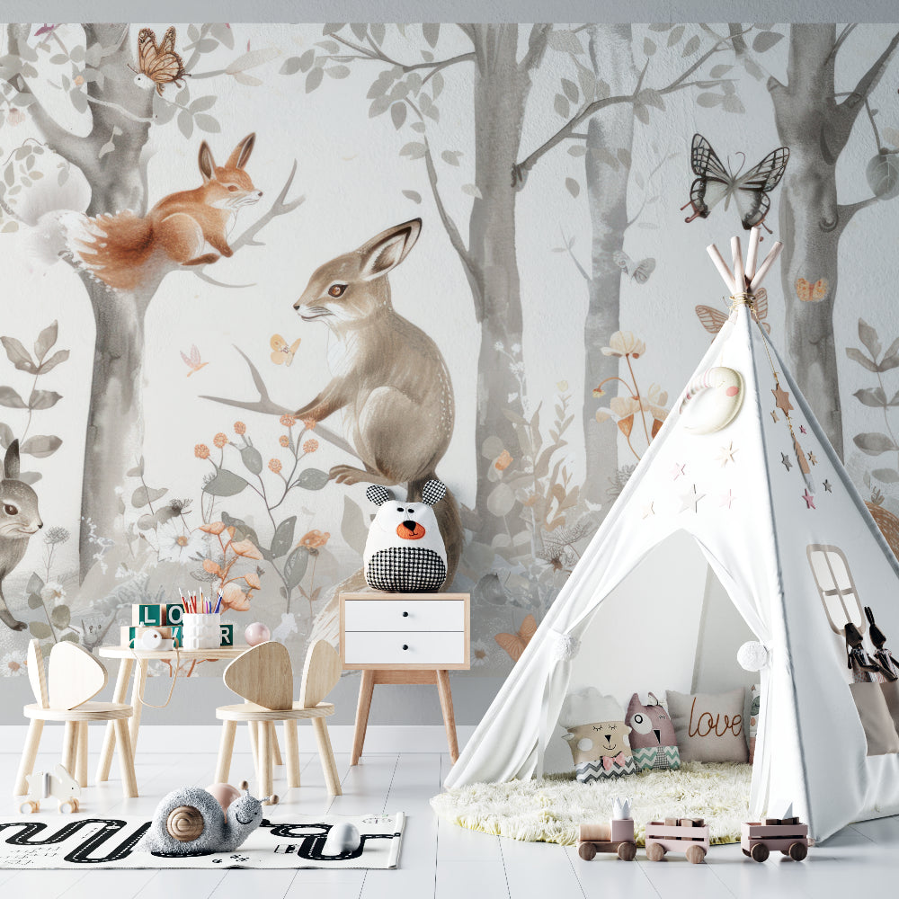 Woodland animals mural creating magical atmosphere in child's bedroom with reading corner
