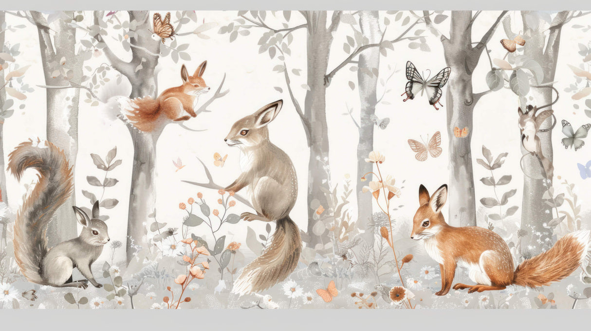 Design file showing detailed forest animals pattern with fox and butterflies in soft, dreamy colors