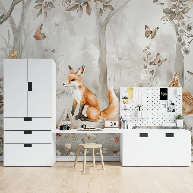 Forest animals wallpaper creating a cozy reading nook in a modern nursery with soft lighting