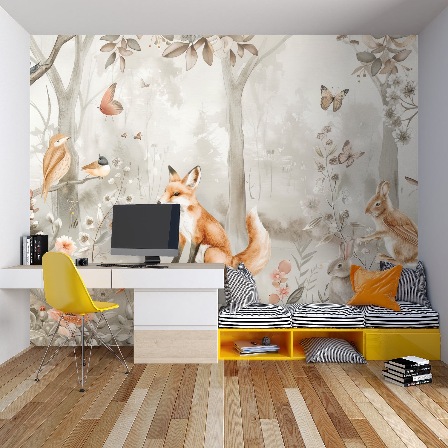Woodland fox mural bringing natural charm to a child's bedroom with neutral decor