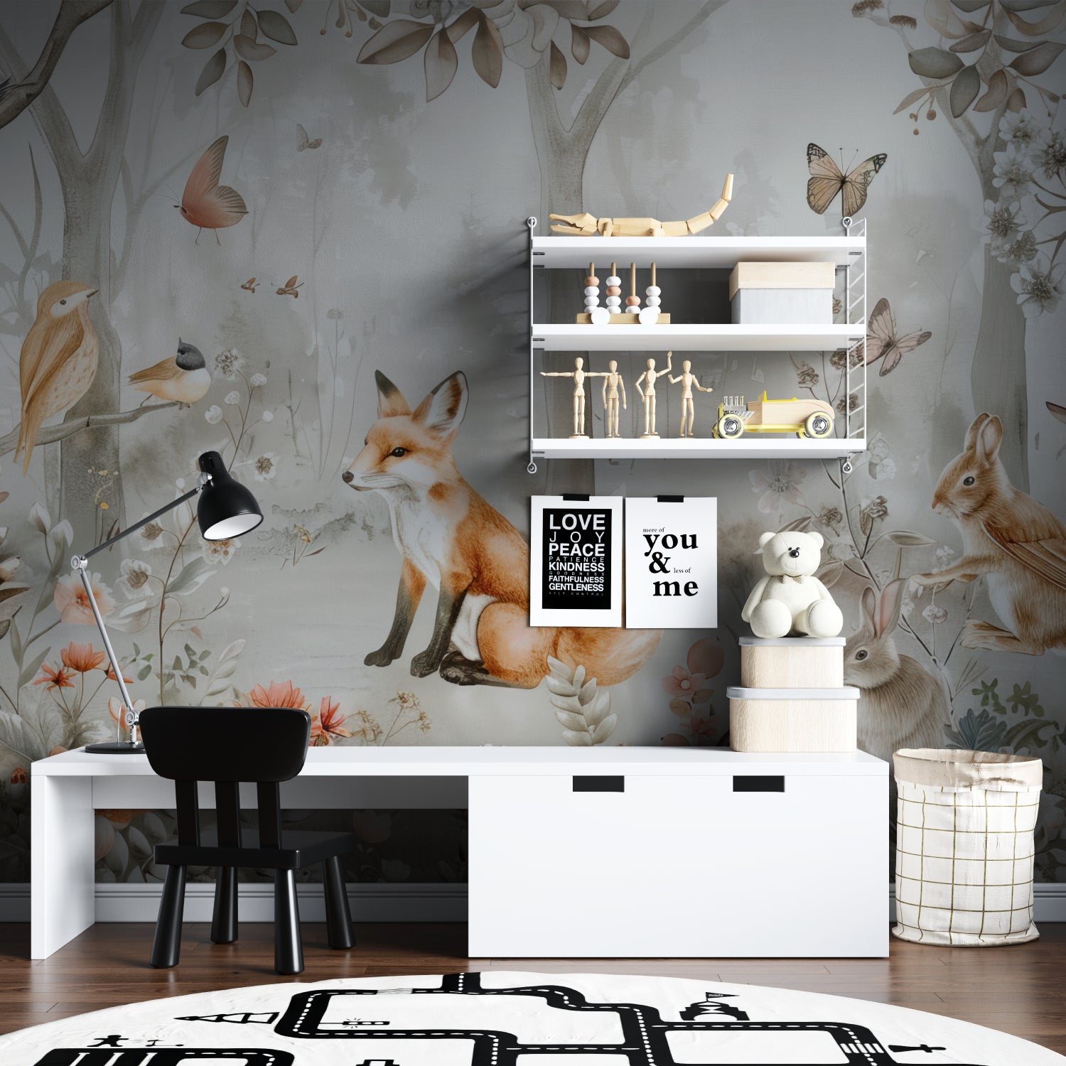 Forest animal wall mural adding warmth to a baby's nursery with soft beige tones