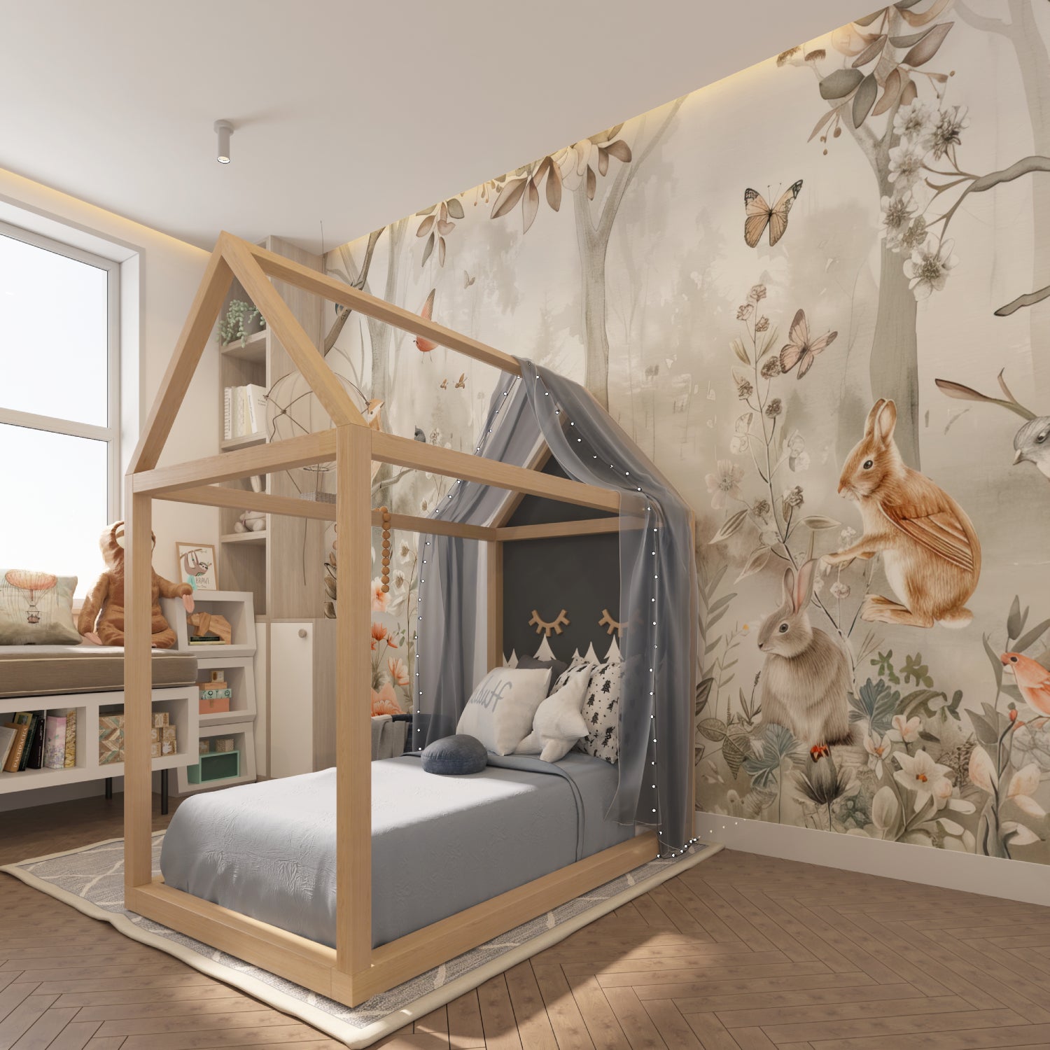 Nature-inspired mural creating a calm atmosphere in a modern home office