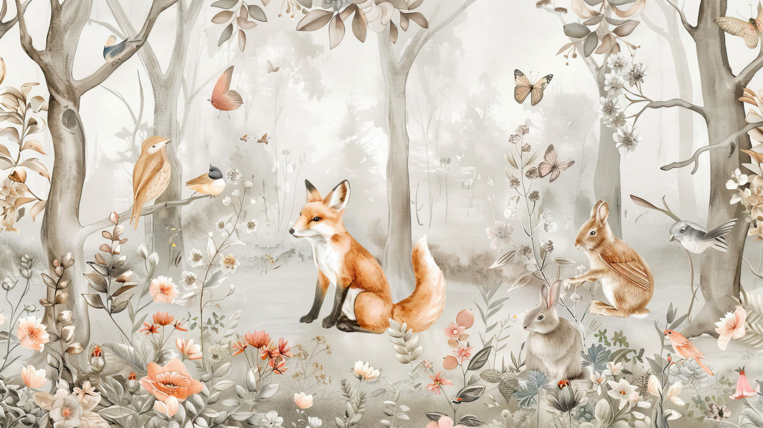 Forest animals wallpaper design file showing detailed fox and butterfly pattern in soft earth tones