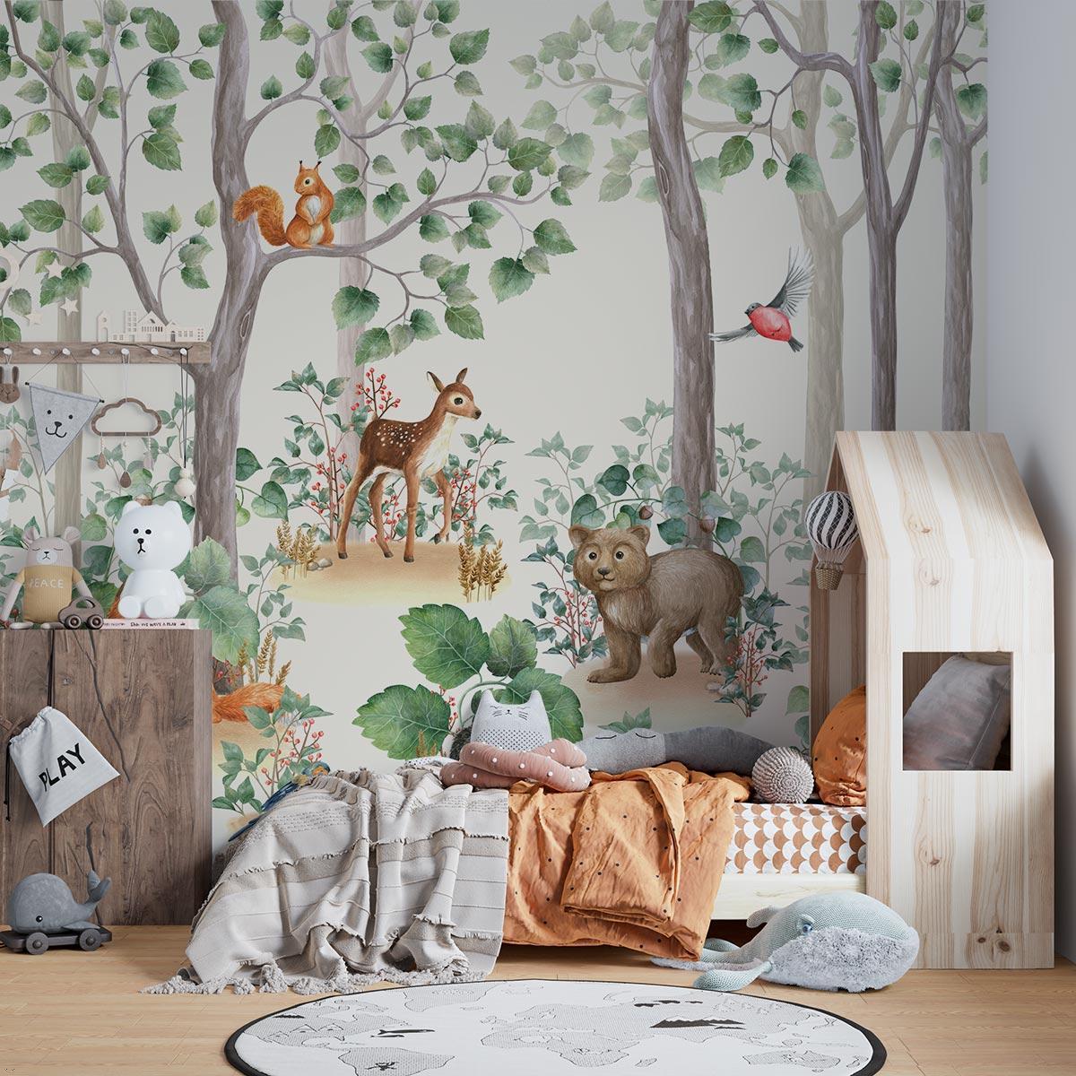 Forest Animals Wallpaper creating a cozy reading nook in a modern nursery with natural lighting