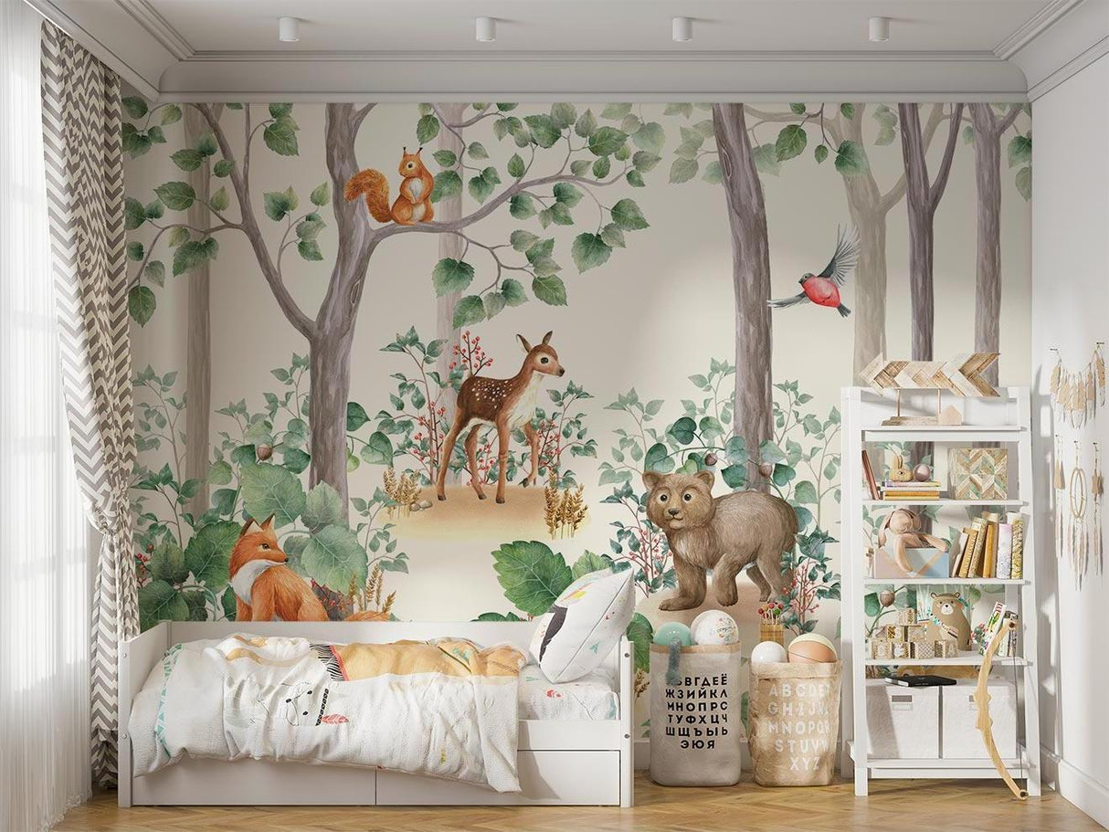 Woodland Animals Mural transforming a child's bedroom with gentle forest scenes and playful creatures