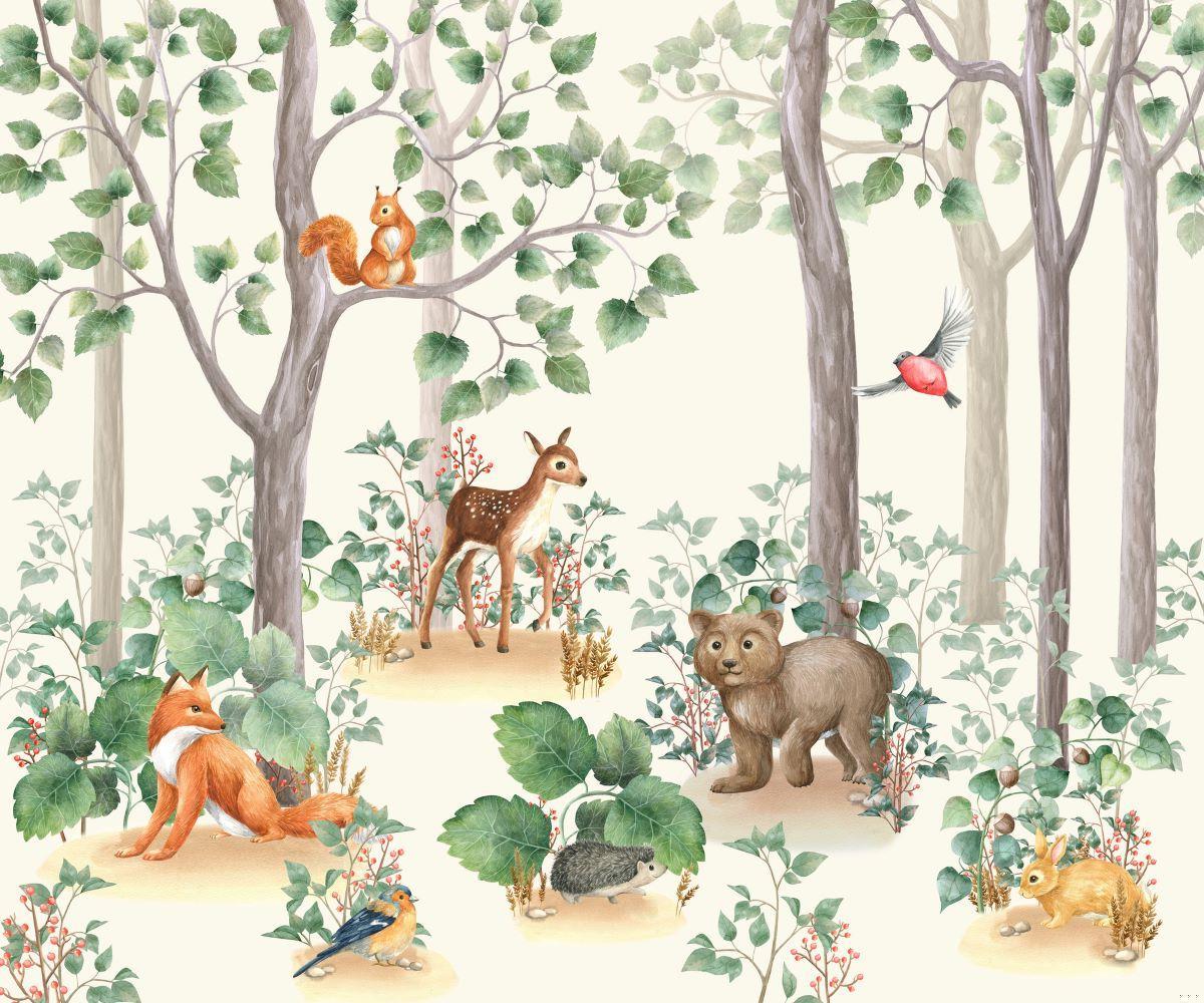 Forest Animals Wallpaper design file showing detailed watercolor woodland creatures and foliage