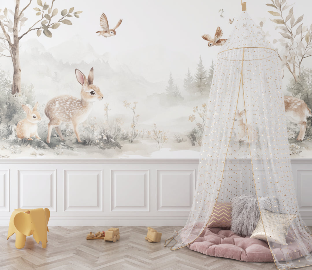 Forest Animals Wallpaper in cozy nursery with white crib and natural decor