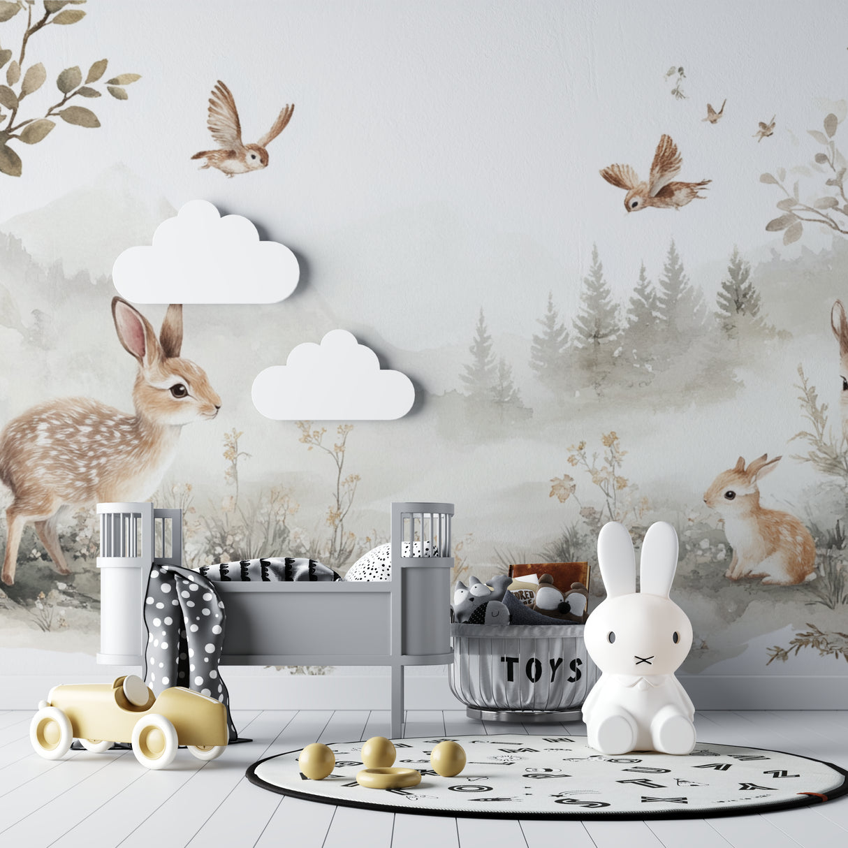 Woodland Animal Mural in peaceful kids reading nook with soft cushions