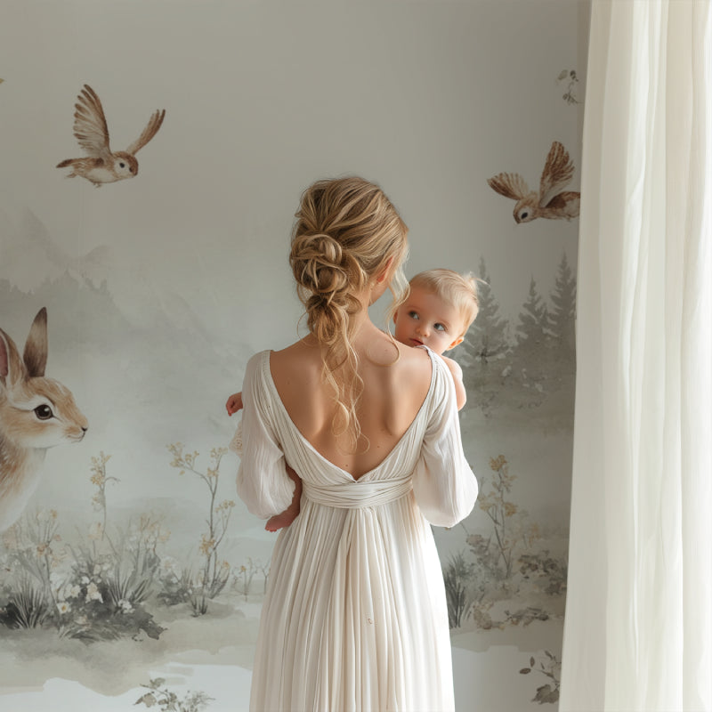 Enchanted Forest Mural in minimalist children's bedroom with natural light