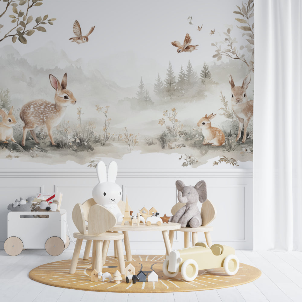 Woodland Nursery Wallpaper in baby room with rocking chair and mobile