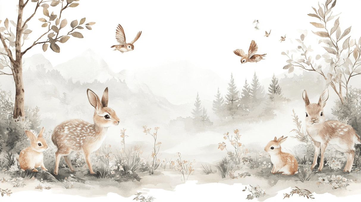 Forest Animals Wallpaper design file showing full woodland pattern with bunnies and birds