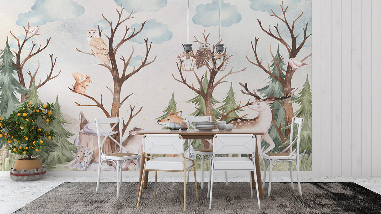 Woodland animals mural bringing charm to a kids reading nook with natural lighting