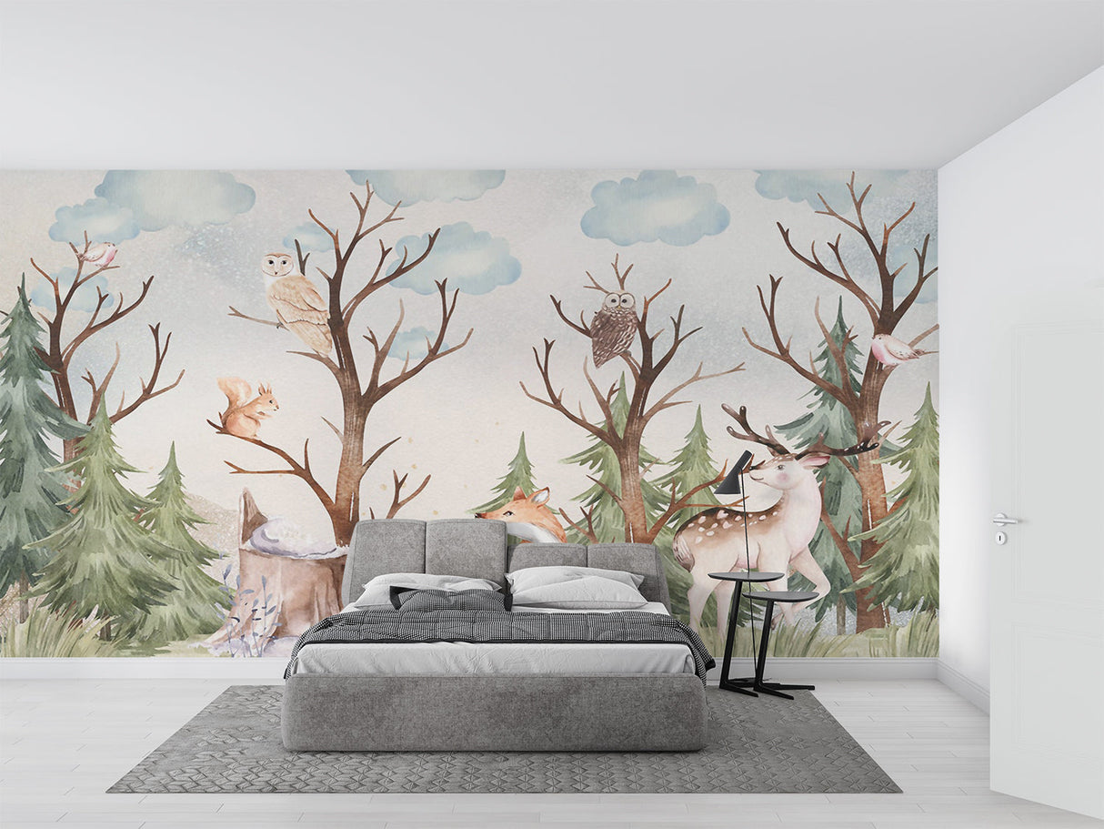 Enchanted forest wallpaper featured in a peaceful baby room with wooden accents