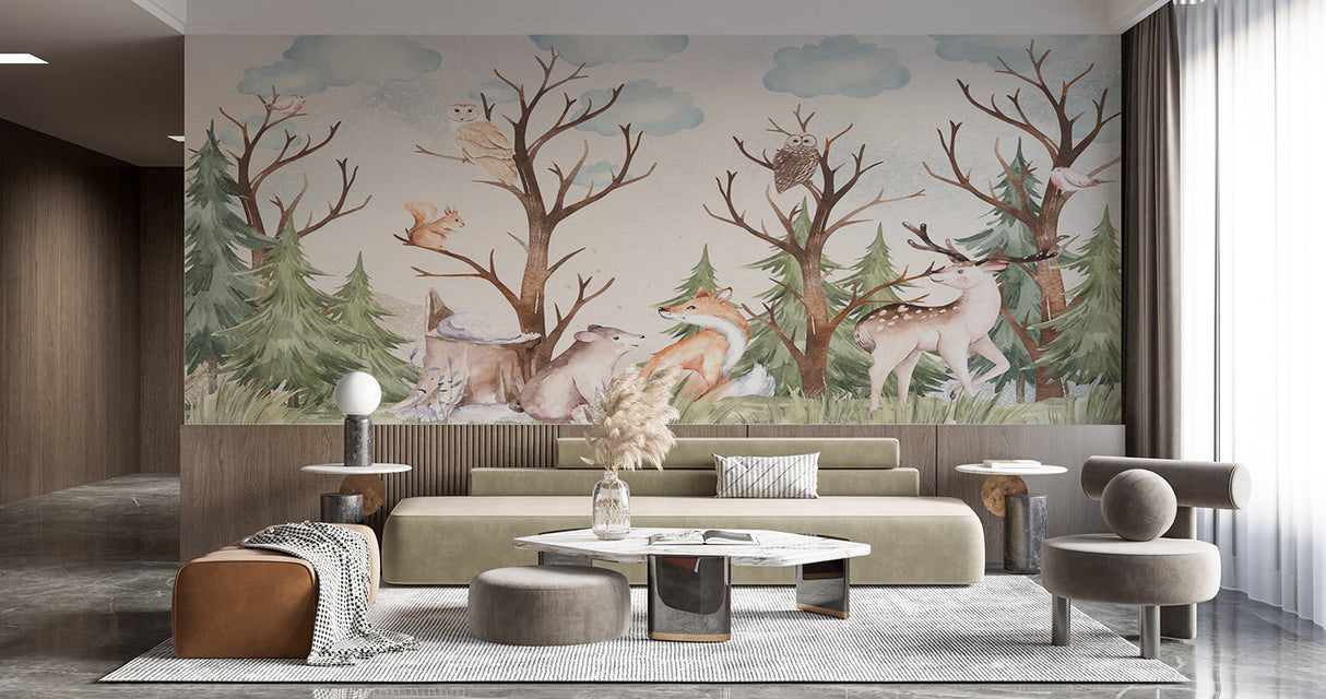 Forest animal wall mural showcased in a toddler's bedroom with playful decor