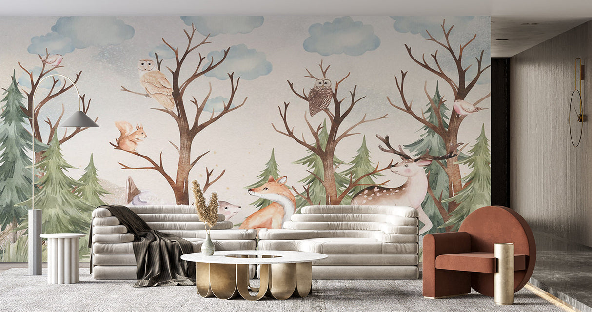Woodland mural creating a serene atmosphere in a modern children's playroom
