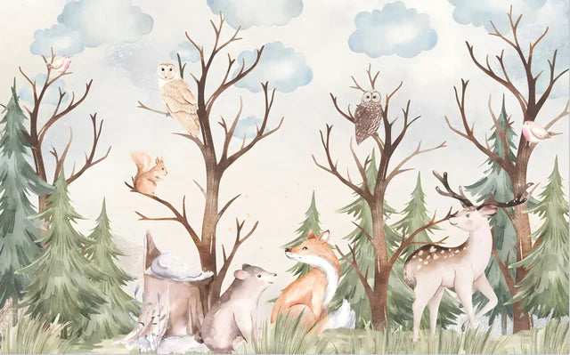 Design file of woodland animals wallpaper showing detailed deer and owl pattern