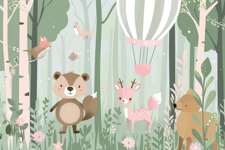 Design file showing sweet woodland creatures and hot air balloon pattern on sage green background