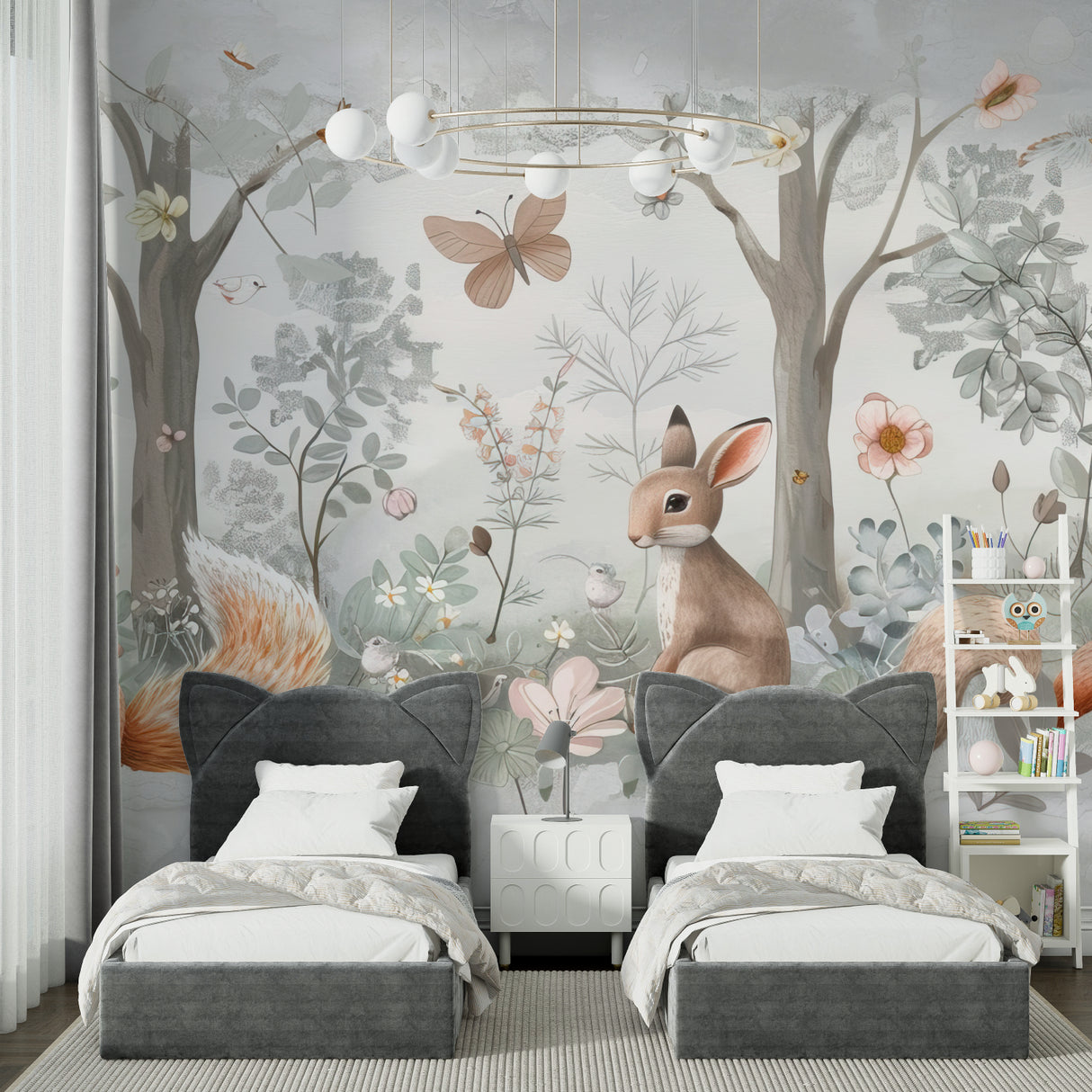 Forest animals wallpaper creating a cozy atmosphere in a modern nursery with soft gray and beige tones