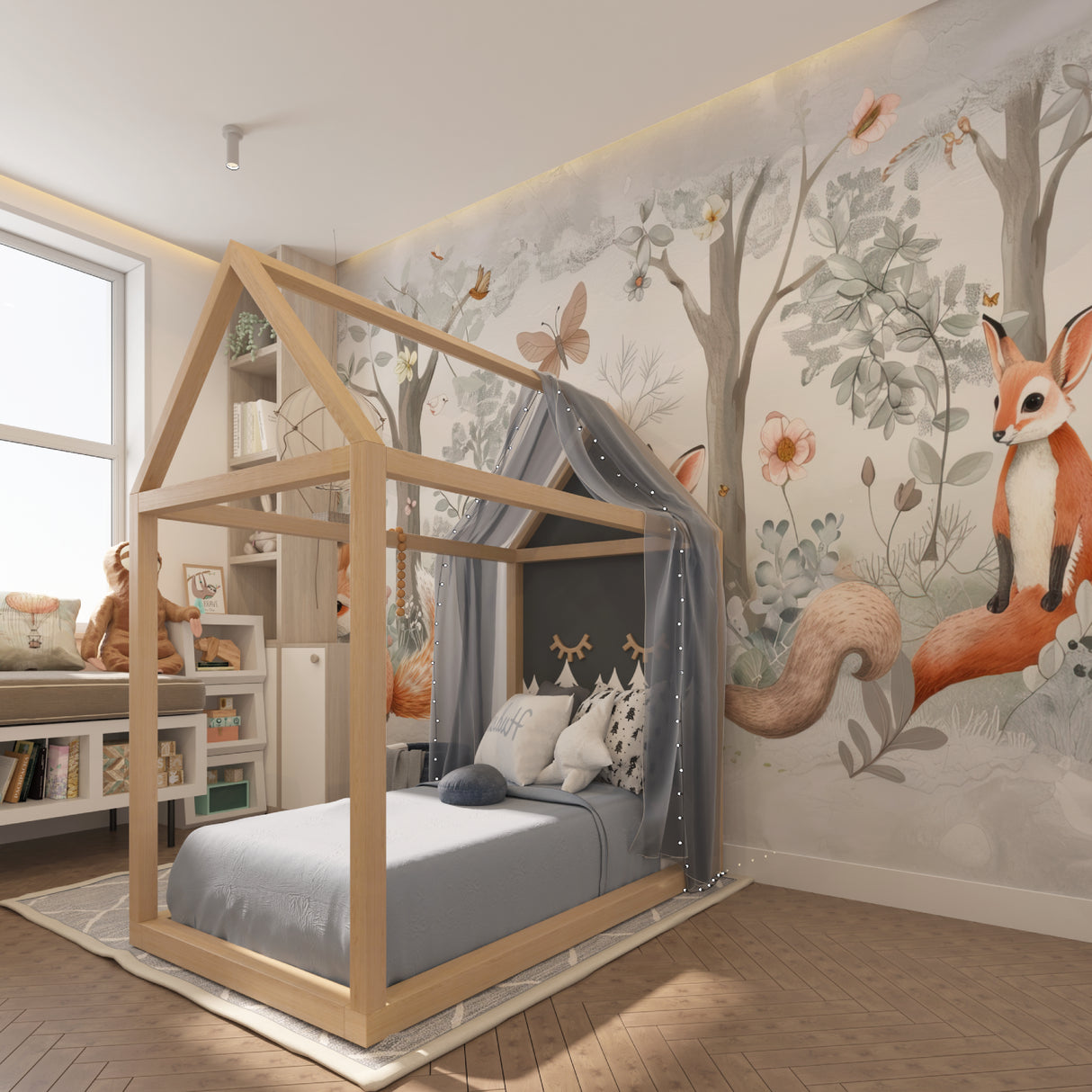 Woodland animal mural bringing charm to a child's reading nook with fox and rabbit characters