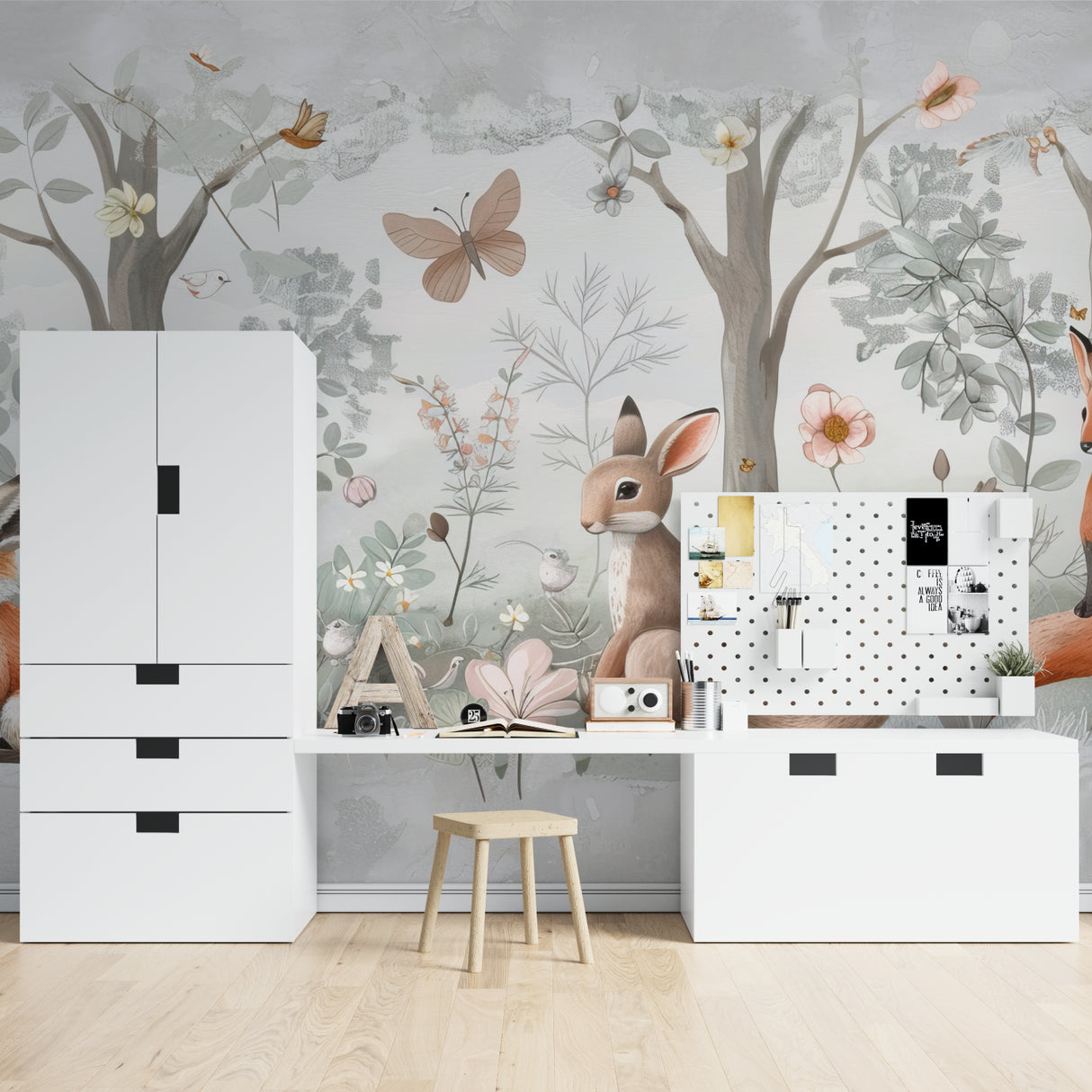 Enchanted forest wallpaper transforming a playroom with gentle woodland creatures and butterflies