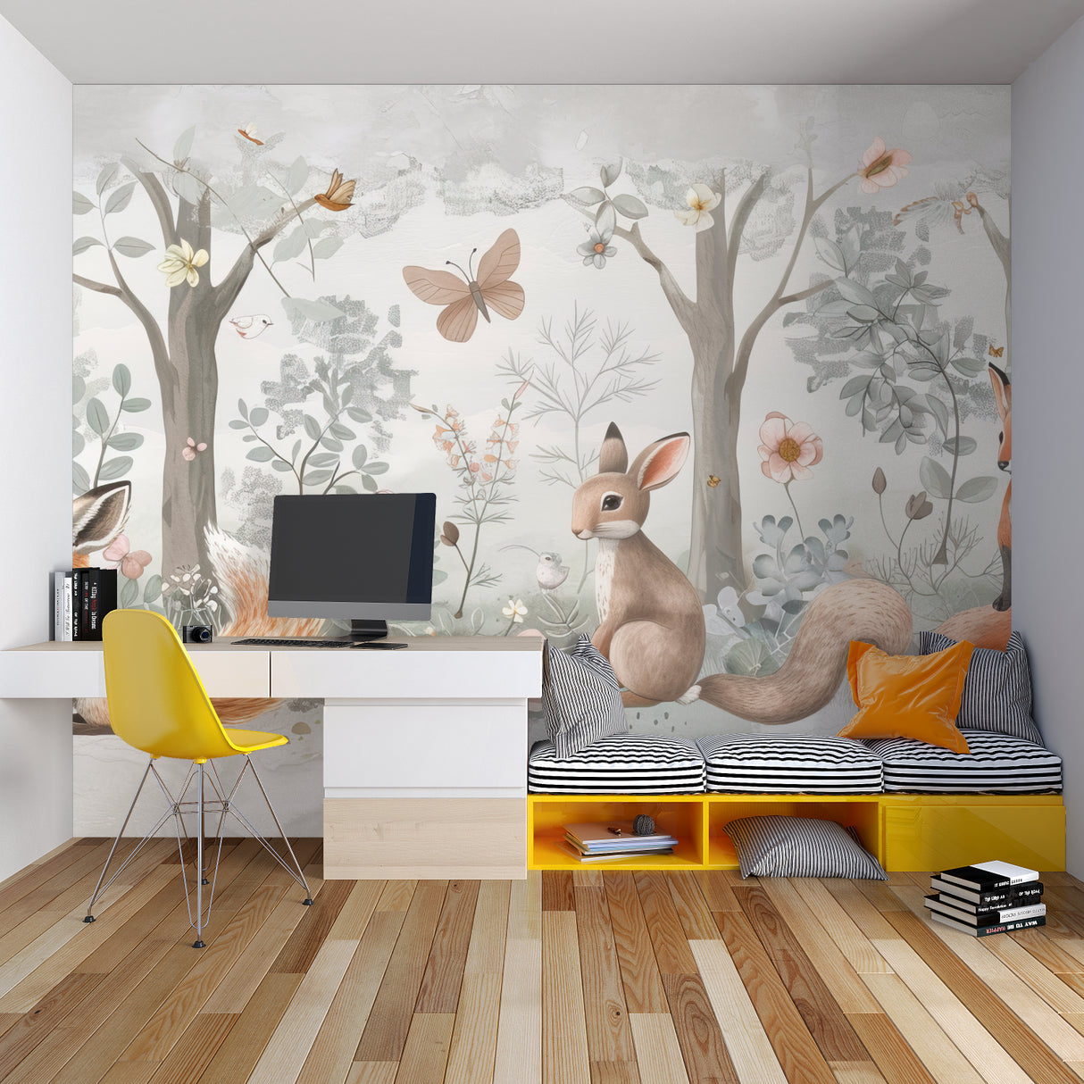 Forest animal wall mural adding magic to a baby's room with sweet woodland scene