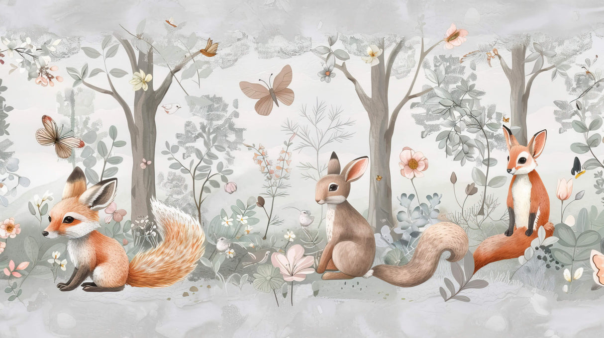 Forest animals wallpaper design file showing detailed rabbit and fox illustration in enchanted woodland setting