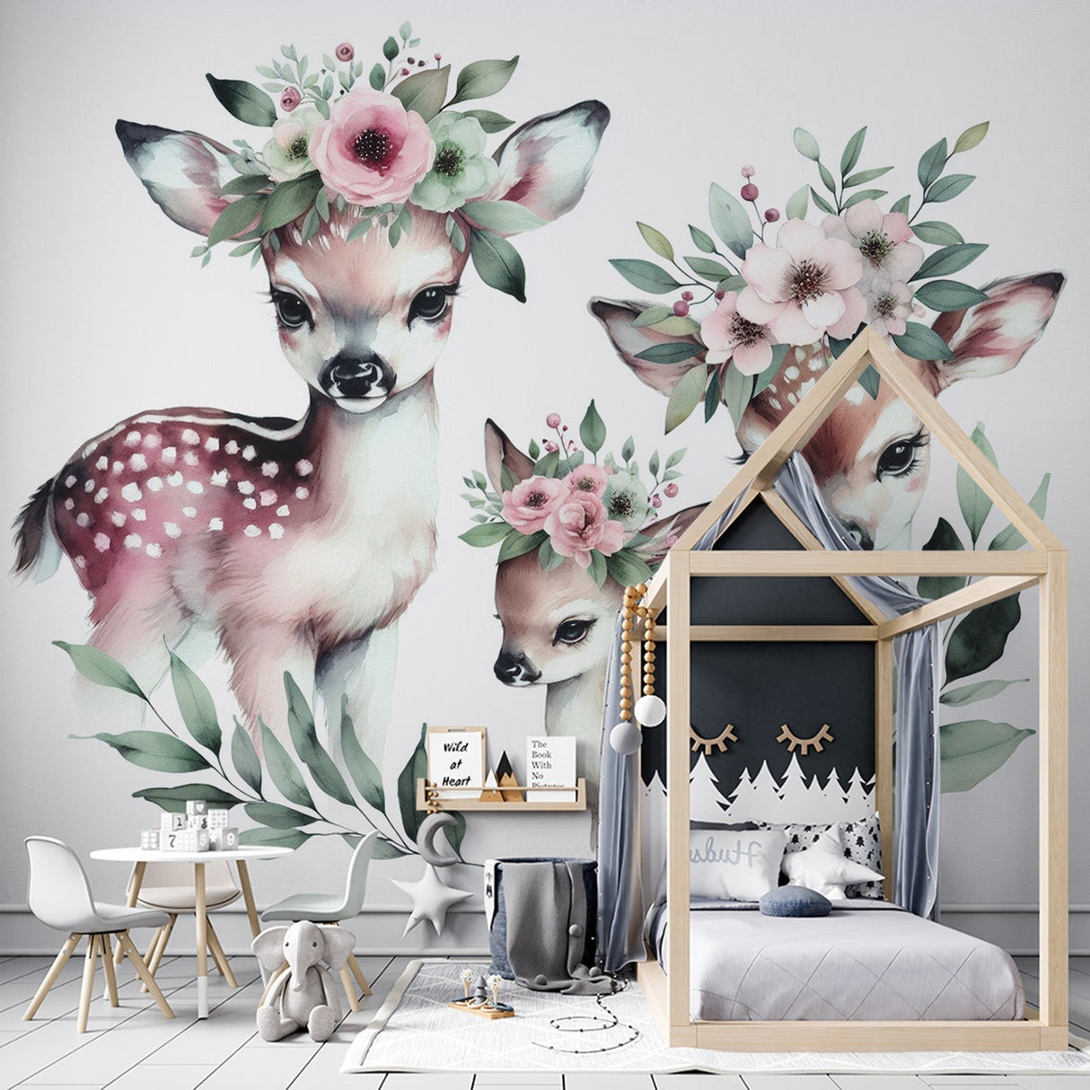 Forest Animals Wallpaper creating a peaceful nursery with watercolor deer family and soft floral details