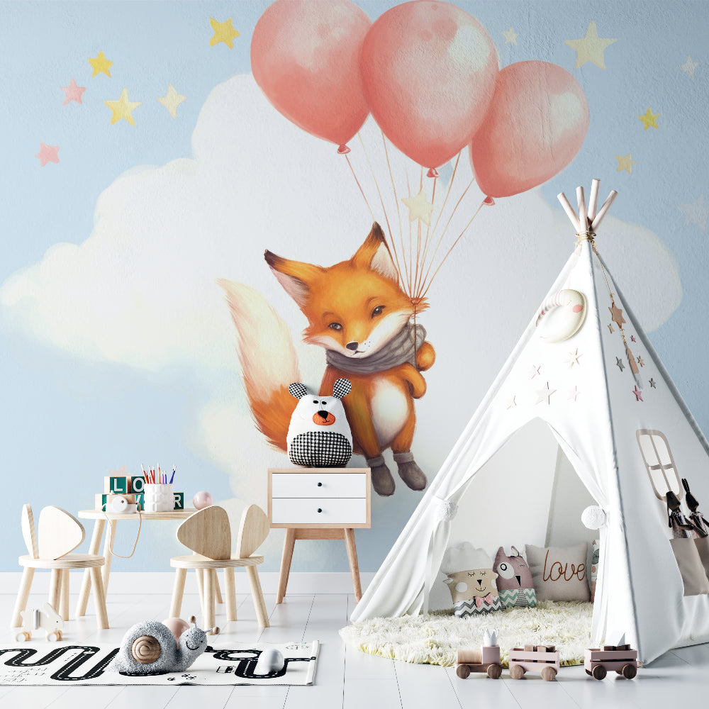 Woodland animal wallpaper featuring floating fox in modern white nursery with crib