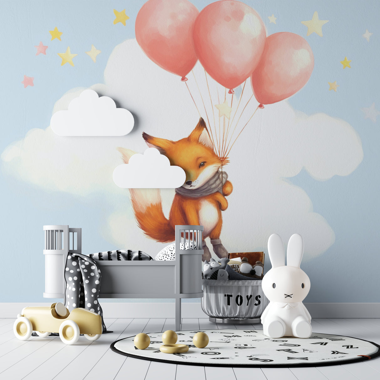 Forest animal mural in playful kids bedroom with pink accents and reading corner