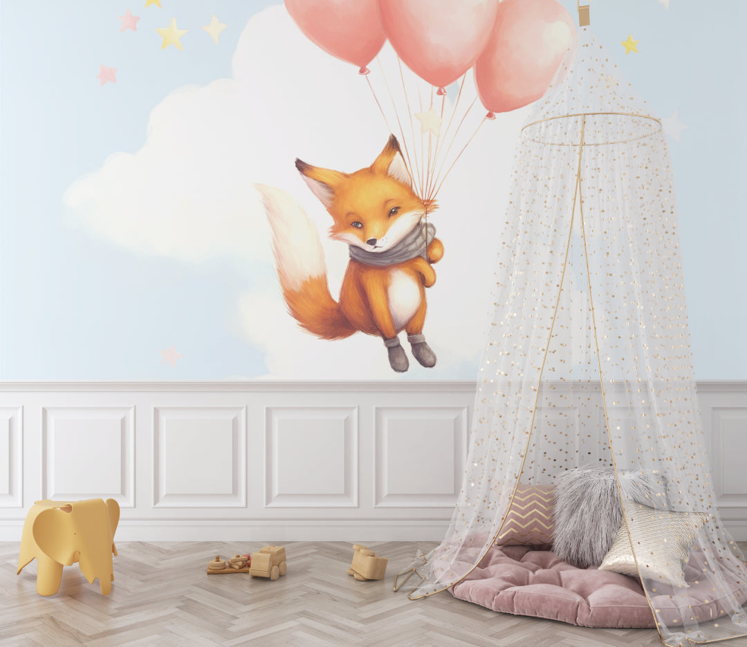 Dreamy fox mural in toddler bedroom with matching pink decor elements