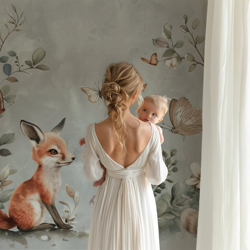 Woodland fox wallpaper bringing charm to a cozy reading nook with soft cushions