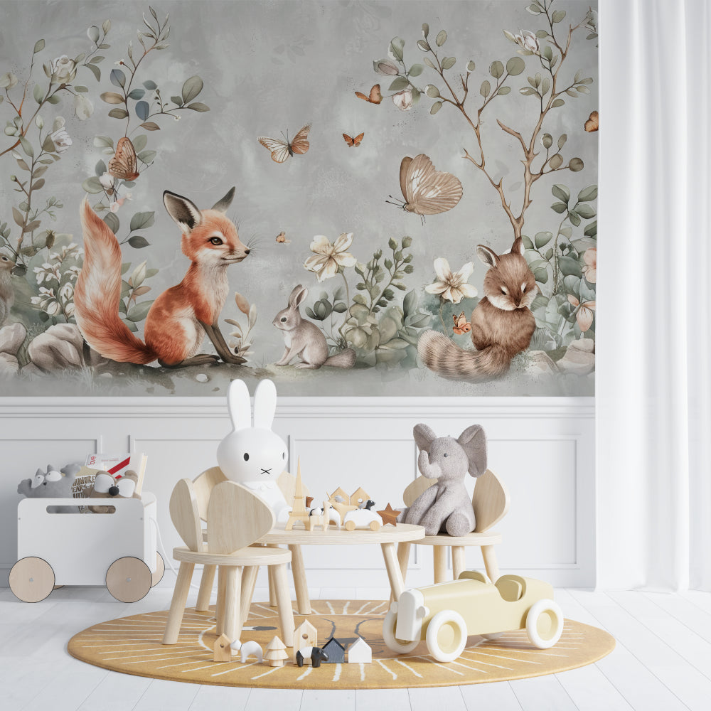 Forest wall mural displaying beautifully in a child's bedroom with sage green accents