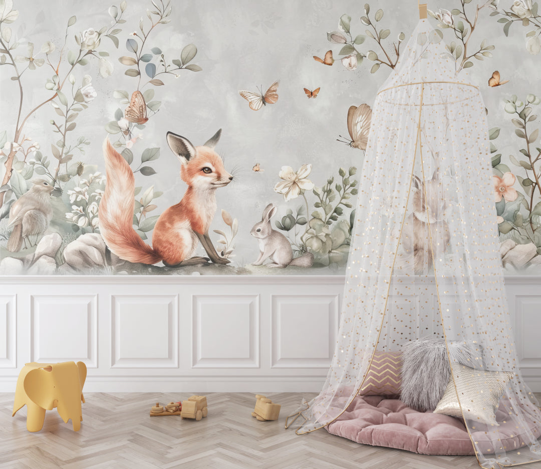 Nursery animal wallpaper creating a sweet atmosphere in a modern playroom setting